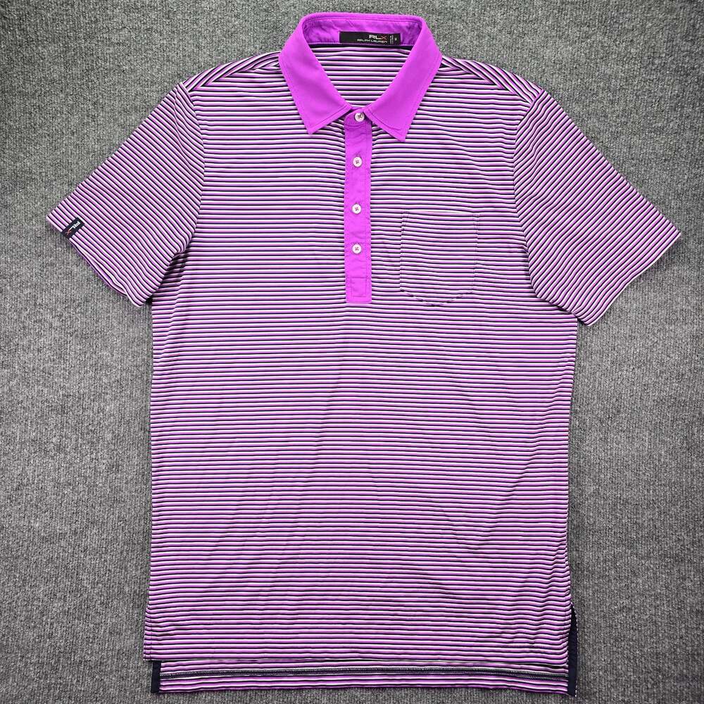RLX Ralph Lauren Polo Shirt Mens Medium Purple Striped Golf Short Sleeve Pocket